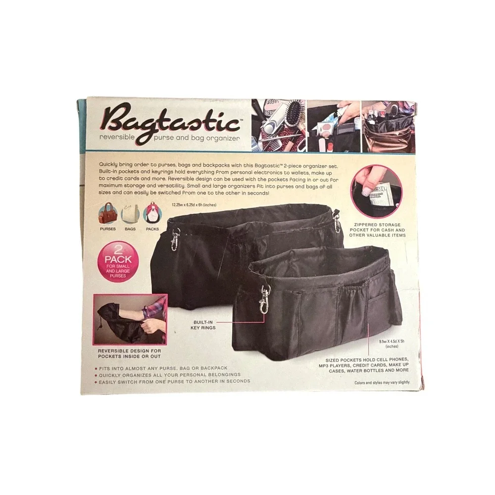 Bagtastic Tote Organizer Insert 2 Pack Purse‎ Bag Backpack Pockets Reversible
